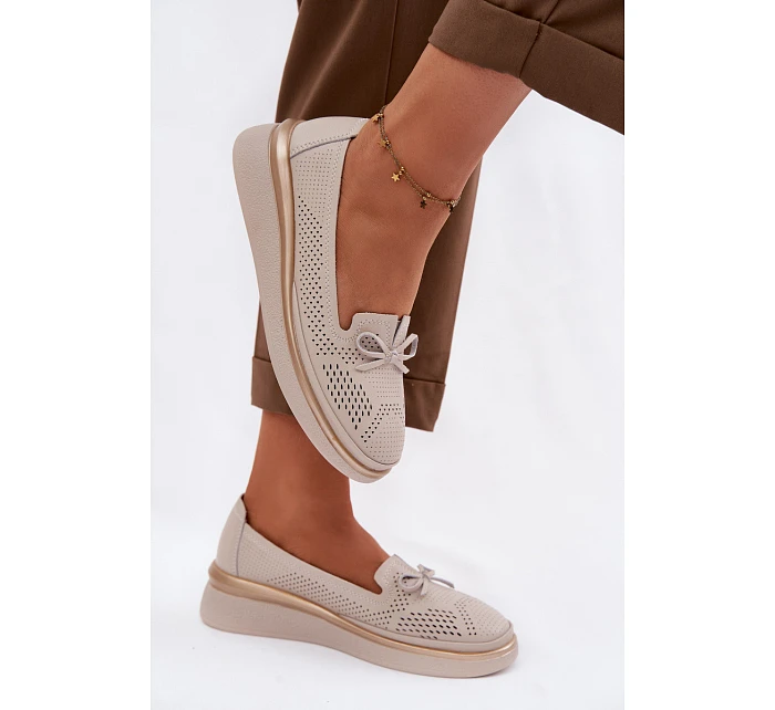 Kožené perforované polobotky na platformě LR61-7043 Béžové