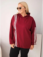 Dámska mikina Plus Size z viskózy s kapucňou a ozdobnými pruhmi, bordová farba