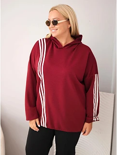 Dámska mikina Plus Size z viskózy s kapucňou a ozdobnými pruhmi, bordová farba