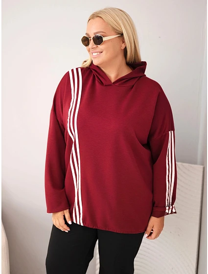 Dámska mikina Plus Size z viskózy s kapucňou a ozdobnými pruhmi, bordová farba