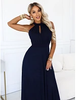 Elegantní maxi večerní šaty na ramínka s a zavazováním v pase tmavě modré model 22210933 - numoco basic