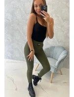 Pruhované legíny s vysokým pásom v khaki farbe