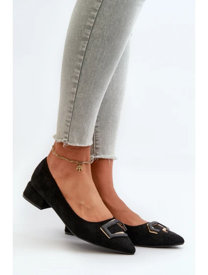 Czółenka Na Niskim Obcasie Z Ozdobą Eko Zamszowe S.Barski KV27-034 Czarne