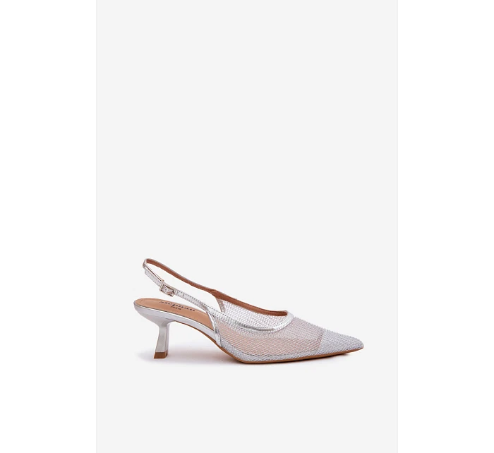 Calora Stříbrné Síťované Sandály Na Úzkém Podpatku