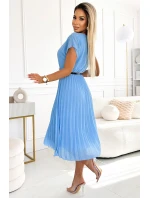 548-2 Plisované midi šaty s čiernym opaskom - MODRÉ 548-2 Plisované midi šaty s čiernym opaskom - MODRÉ