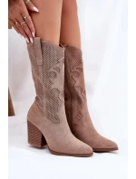 Dámske perforované čižmy v kovbojskom štýle so stĺpcovým podpätkom S.Barski - béžové, ekokoža Dámske perforované čižmy v kovbojskom štýle so stĺpcovým podpätkom S.Barski - béžové, ekokoža