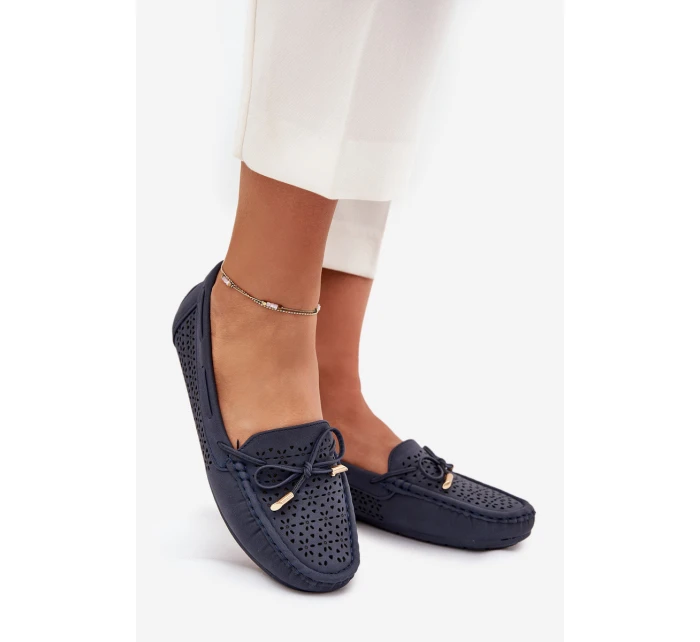 Mokasyny Damskie Z Ażurowym Wzorem I Wiązaniem Granatowe Mirisa