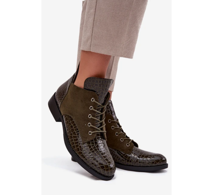 Lakierowane Botki Damskie Z Ozdobnym Tłoczeniem Ocieplane Vinceza 16477 Ciemnozielone