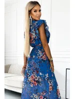 Světle modré dlouhé květované dámské šaty s výstřihem a krátkými rukávy model 22077526 - numoco basic