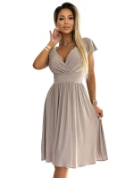 425-10 MATILDE Šaty s výstrihom a krátkymi rukávmi - béžové s trblietkami