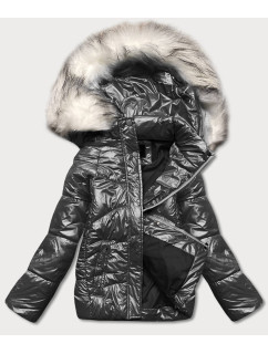 Krátka čierna károvaná dámska zimná bunda (16M9052-392)