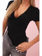 Dámske bavlnené body s véčkovým výstrihom a riasením čierne