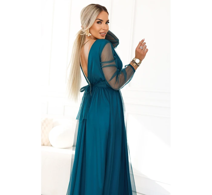 Dlouhé maxi šaty s rukávy a obálkovým výstřihem lahvově zelené model 22045483 - numoco basic Dlouhé maxi šaty s rukávy a obálkovým výstřihem lahvově zelené model 22045483 - numoco basic