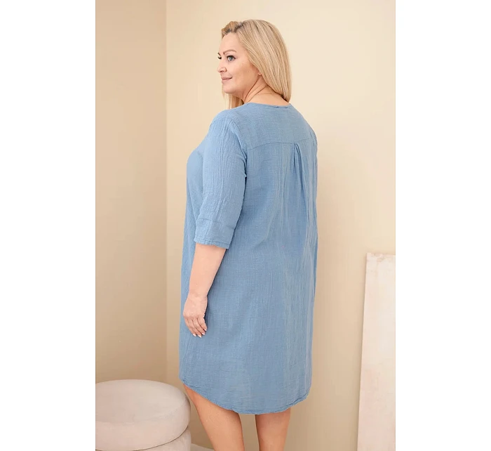 Dámské bavlněné šaty Plus Size s vázáním u výstřihu džínové