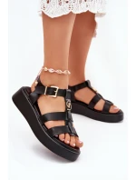 Sandały Damskie Na Platformie Ze Złotym Detalem Czarne Fevire