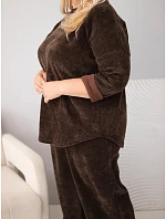 Dámská souprava Plus Size z viskózy manšestrová se širokými kalhotami a mikinou hnědá