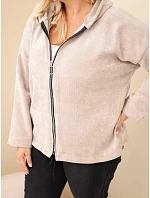 Dámská mikina Plus Size manšestrová s kapucí a zipem oversize béžová