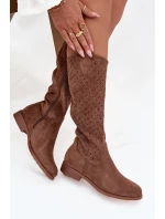 Kozaki Damskie Na Płaskim Obcasie Z Ażurowym Wzorem S.Barski HY52-531 Brązowe