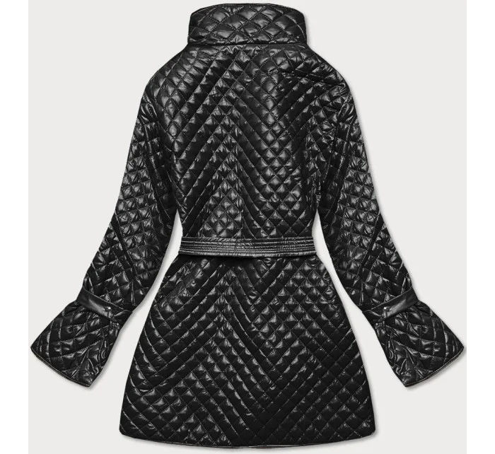 Čierna prešívaná dámska bunda s opaskom (7262)