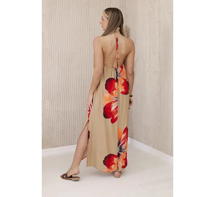 Viskózové šaty viazané okolo krku camel