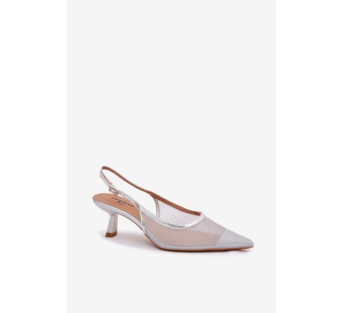 Calora Stříbrné Síťované Sandály Na Úzkém Podpatku
