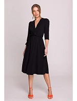 S404 Pletené šaty s opaskom na zaväzovanie - čierne