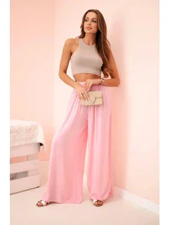 široké dámske nohavice z viskózy s elastickým pásom svetloružové
