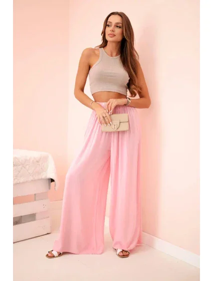 široké dámske nohavice z viskózy s elastickým pásom svetloružové
