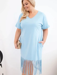 Dámské bavlněné šaty s výstřihem do V a třásněmi na spodním model 22036065 modré - K-Fashion