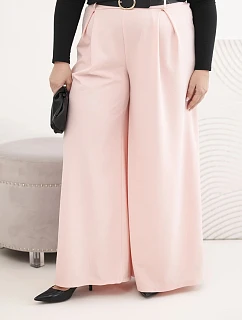 Dámské kalhoty Plus Size s širokou nohavicí a páskem pudrově růžové