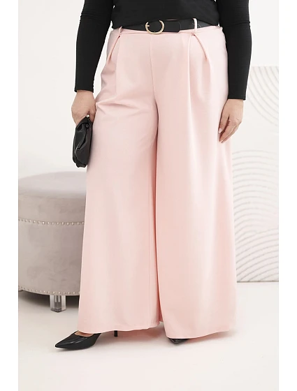 Dámské kalhoty Plus Size s širokou nohavicí a páskem pudrově růžové
