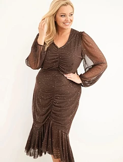 Dámske šaty vo veľkosti Plus Size s prímesou viskózy, s volánikmi, hnedé
