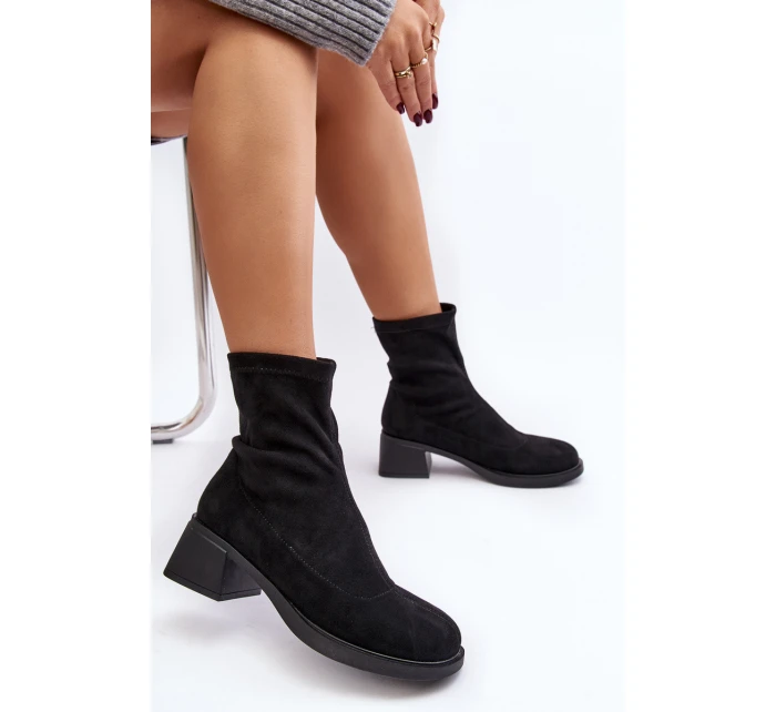 Botki Damskie Na Niskim Obcasie Czarne Aphroteia - Zamsz
