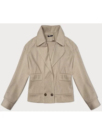 Voľná béžová pruhovaná rebrovaná bunda s golierom (244003)