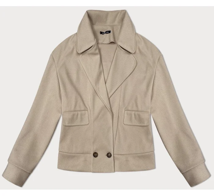 Voľná béžová pruhovaná rebrovaná bunda s golierom (244003)