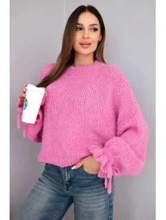 Dámský svetr s přídavkem mohéru s model 21857675 pletením a ozdobnými rukávy růžový - K-Fashion