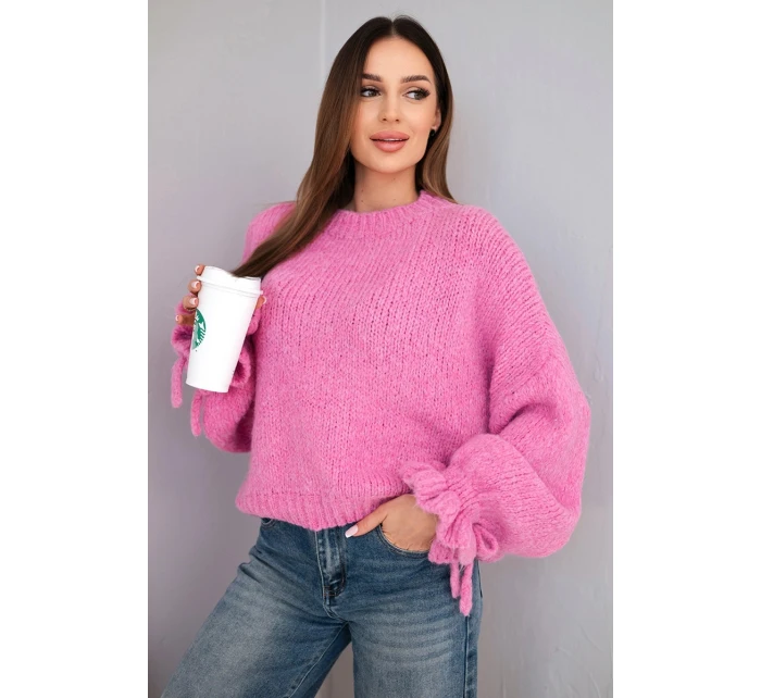 Dámský svetr s přídavkem mohéru s model 21857675 pletením a ozdobnými rukávy růžový - K-Fashion