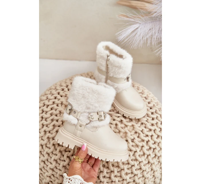 Eko Skórzane Botki Dziewczęce Z Futerkiem I Klamrami Beżowe Cartemes Eko Skórzane Botki Dziewczęce Z Futerkiem I Klamrami Beżowe Cartemes