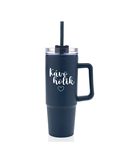 KÁVOHOLIK - modrý cestovný termohrnček s priehľadným viečkom 900 ml