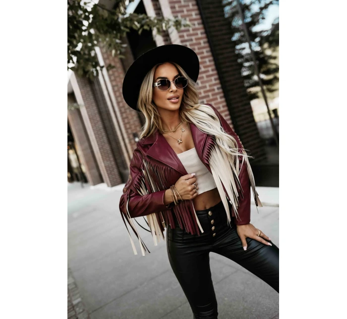 model 21337606 Krátká bunda s třásněmi z měkké ekokůže vínová - numoco basic