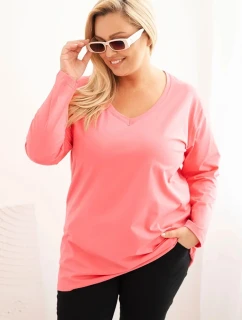 Dámská blůza Plus Size s výstřihem do V a dlouhým rukávem růžová