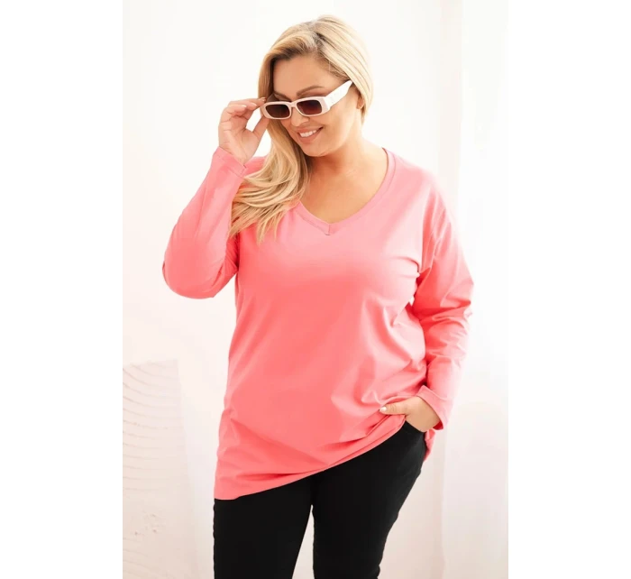 Dámská blůza Plus Size s výstřihem do V a dlouhým rukávem růžová
