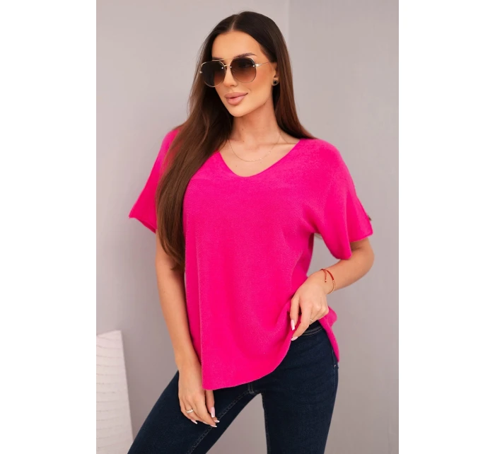Dámský svetr s krátkým rukávem a výstřihem do V fuchsie