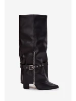 Dámské kozačky na klínku s ozdobným páskem eko kůže černé model 21708879 - Boto