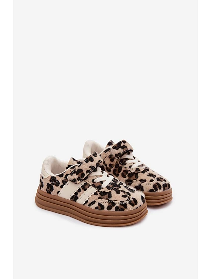 Dívčí tenisky s leopardím vzorem na suchý zip Béžové model 22220618 - Boto