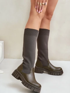 Čižmy na plochom podpätku s elastickým zvrškom v tmavozelenej farbe Mesidra