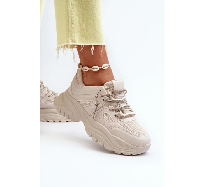 Sneakersy Damskie Na Masywnej Podeszwie Z Ozdobnym Sznurowaniem Beżowe Relissa Sneakersy Damskie Na Masywnej Podeszwie Z Ozdobnym Sznurowaniem Beżowe Relissa