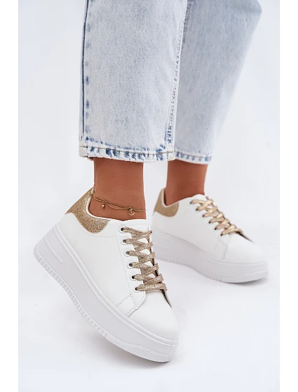 Dámské tenisky na platformě z imitace kůže bílo-zlaté se třpytkami Calinae