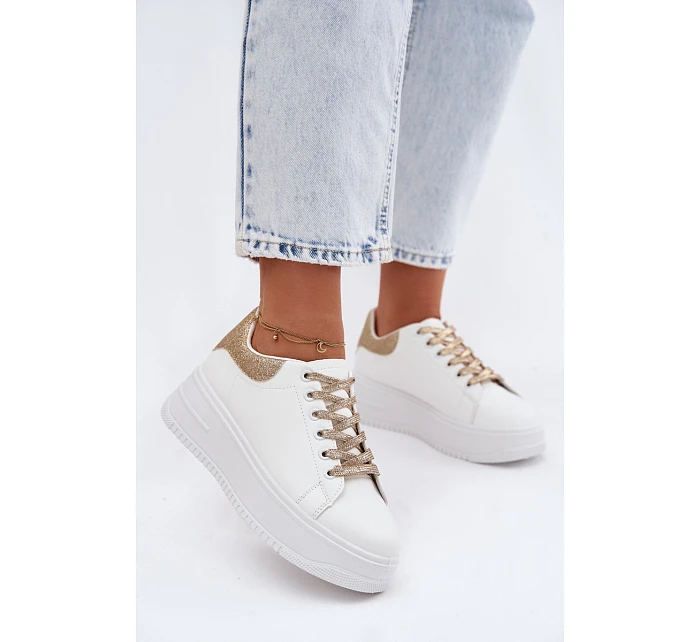 Dámské tenisky na platformě z imitace kůže bílo-zlaté se třpytkami Calinae