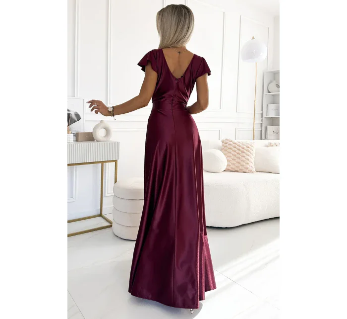 411-10 CRYSTAL saténové dlhé šaty s výstrihom - bordové